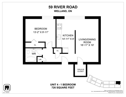 A floor plan for a 1 bedroom apartment at 59 River Road, Welland, ON.